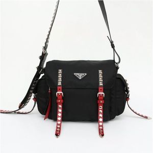 PRADA Black Red New Vela Nylon Studded Shoulder Bag Messenger RRP $1990